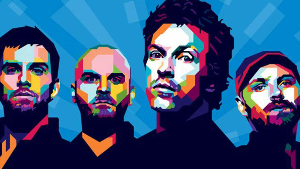 Coldplay band members vibrant geometric vector art wallpaper with colorful shapes on blue background
