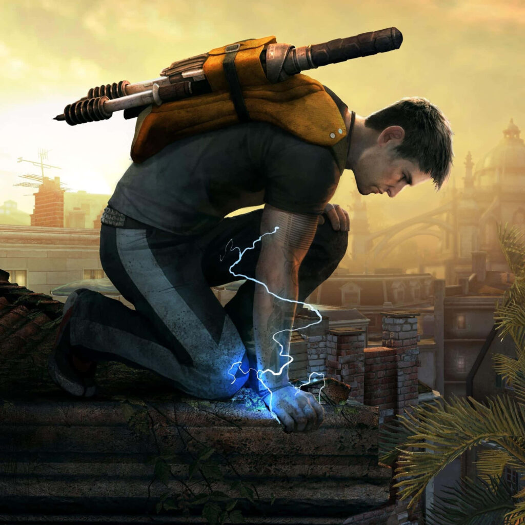 Epic Infamous Wallpaper: Cole MacGrath's Electric Powers on Rooftop