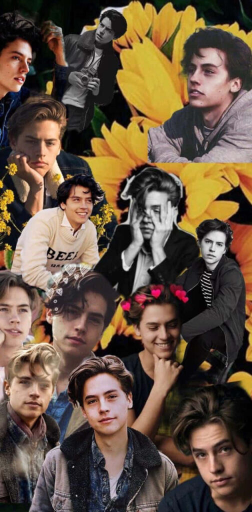 Cole Sprouse collage wallpaper with bright yellow sunflower background and vibrant artistic design