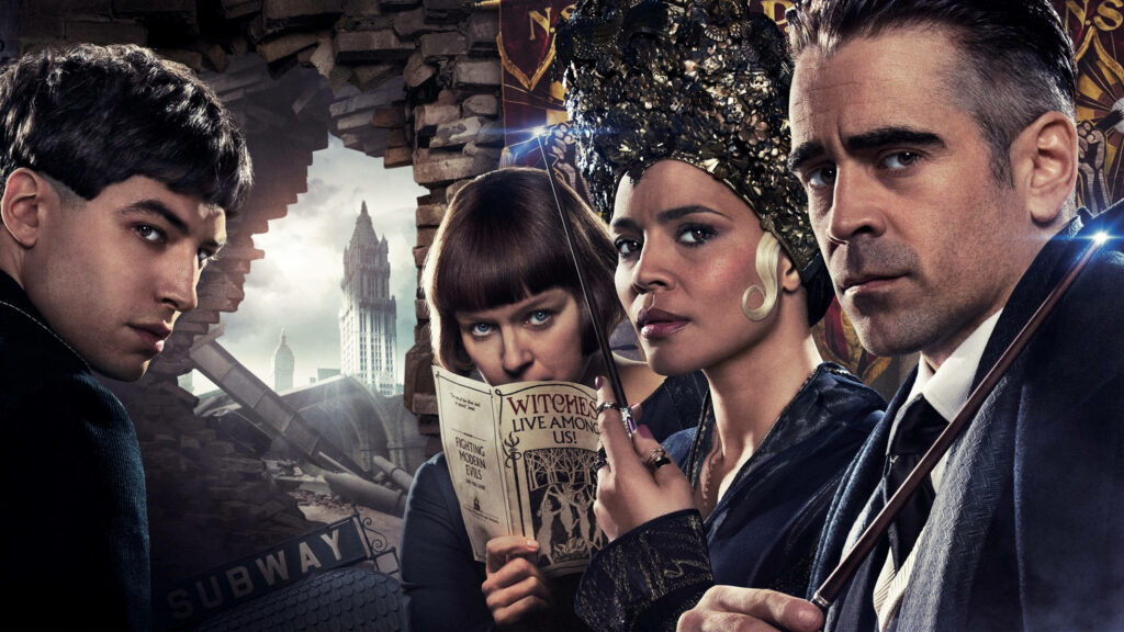 Colin Farrell and main Fantastic Beasts characters in magical adventurous wallpaper background