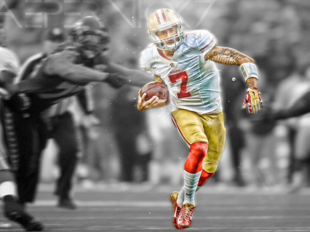 Colin Kaepernick in San Francisco 49ers uniform action pose with bold red and gold wallpaper background