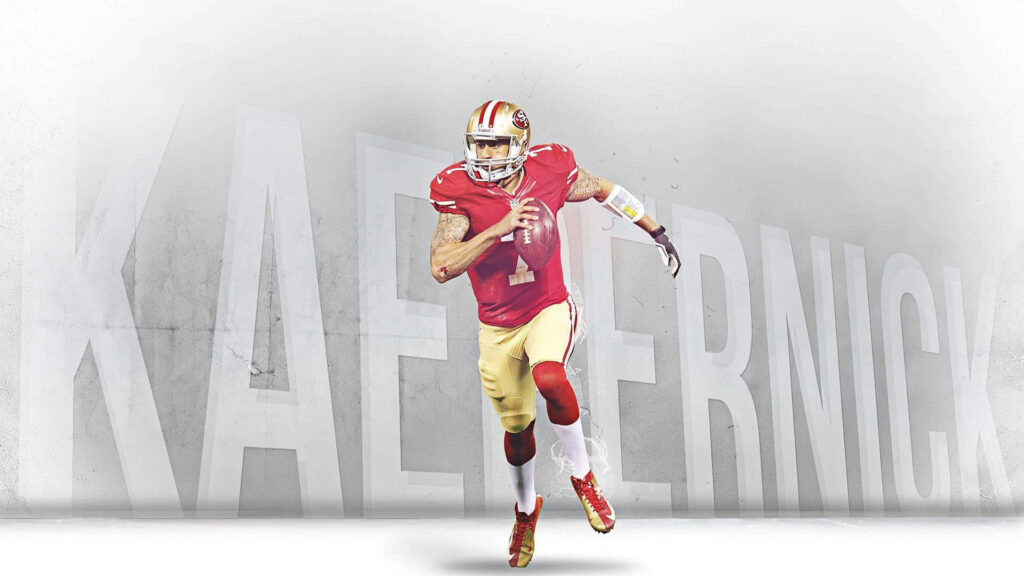 Colin Kaepernick in red gold 49ers uniform on white background with faded name wallpaper