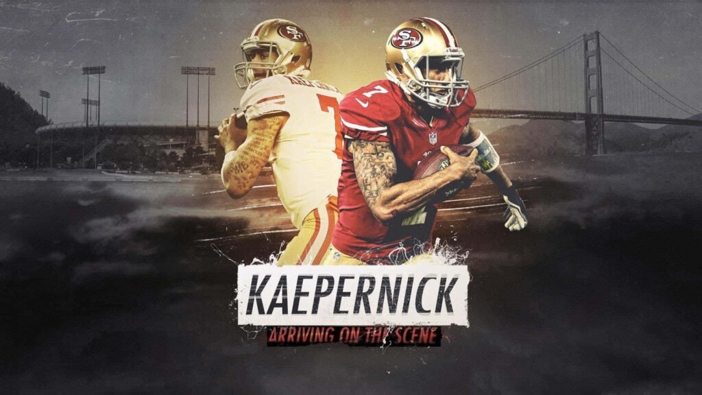 Colin Kaepernick double action pose with Golden Gate Bridge red gold 49ers football wallpaper