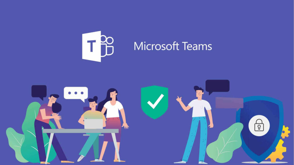 Microsoft Teams logo on purple background with teamwork and security icons for secure collaboration Wallpaper
