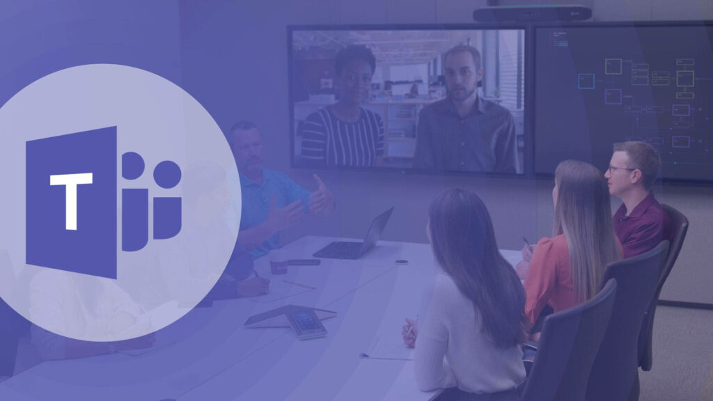 Microsoft Teams hybrid meeting wallpaper with in-person and remote collaboration in blue tones