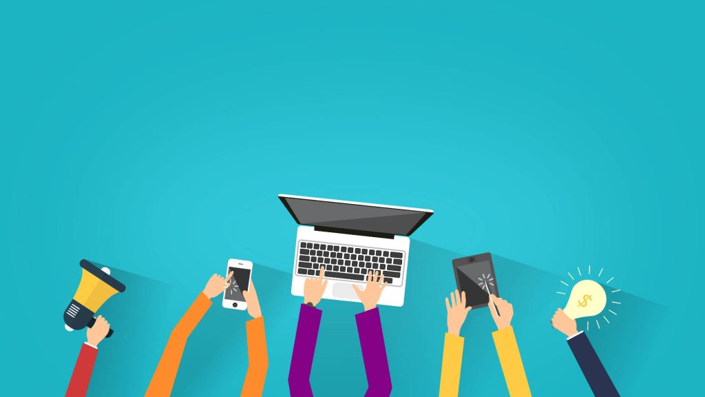 Vector illustration of a collaborative team meeting with laptop smartphone tablet and innovation icons Wallpaper