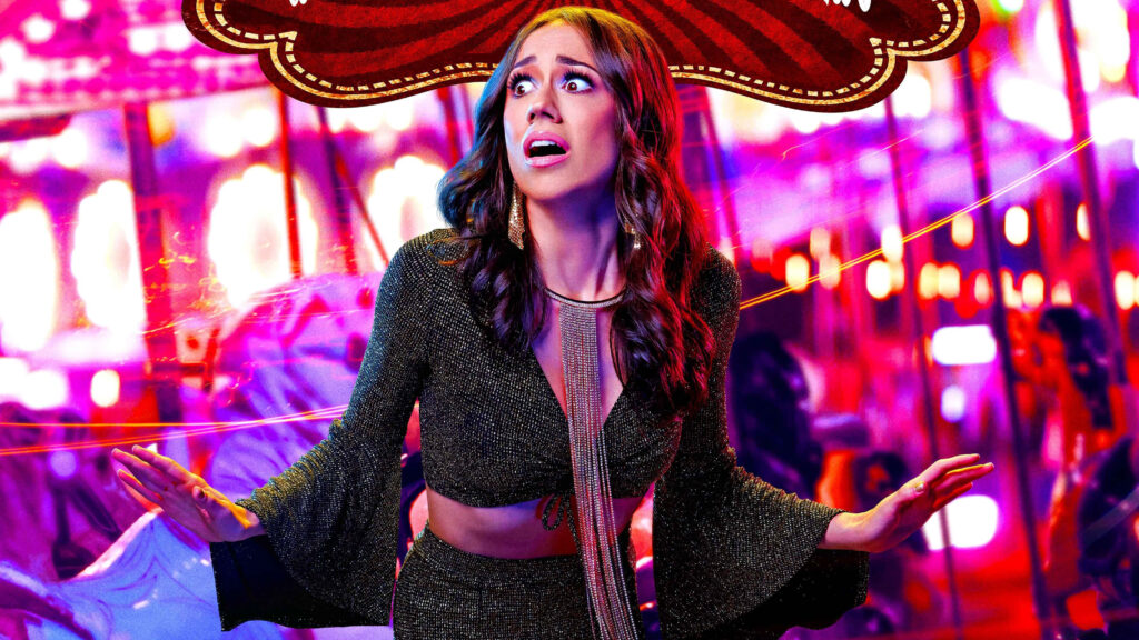 Colleen Ballinger surprised expression vibrant neon carnival lights colorful sparkling outfit wallpaper