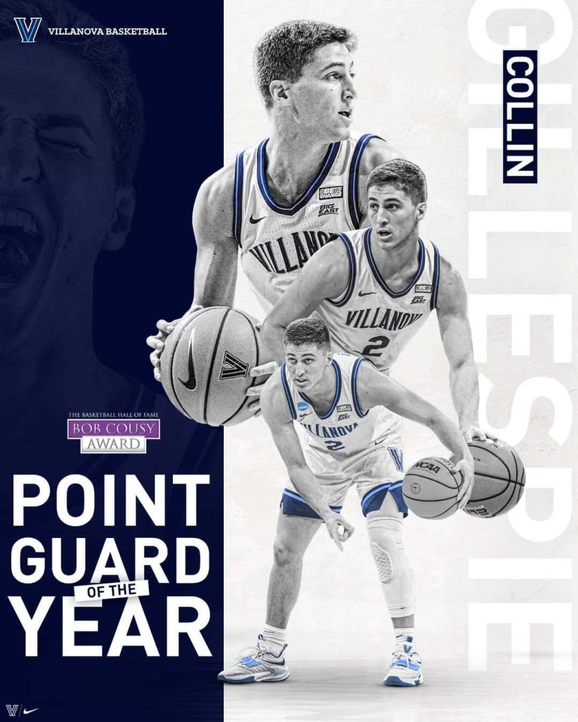 Villanova basketball star Collin Gillespie in white jersey collage celebrating Bob Cousy award Wallpaper