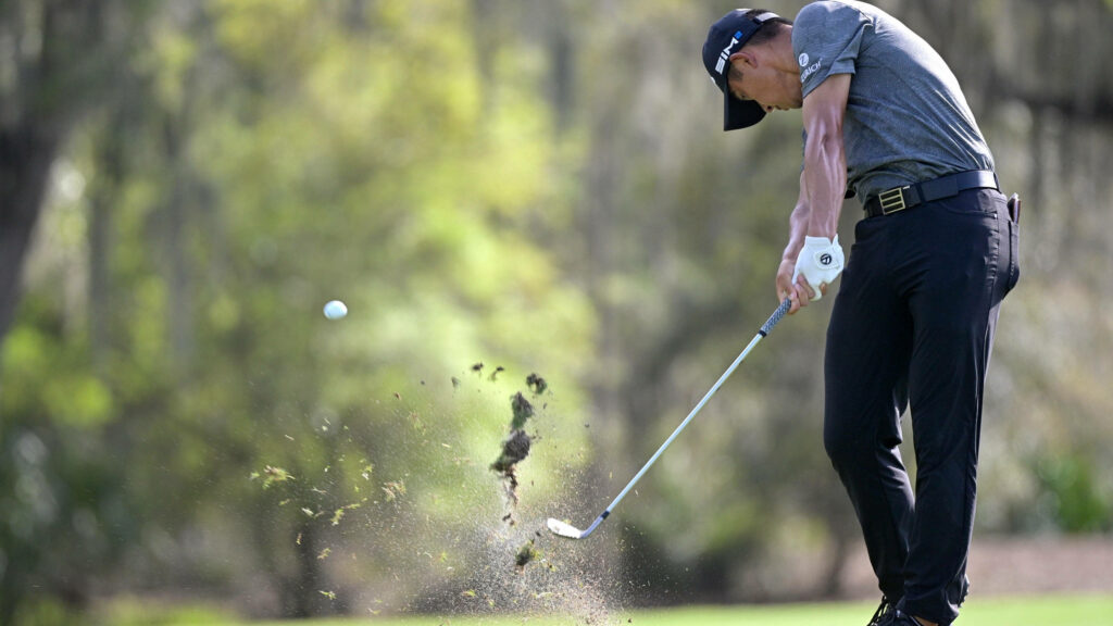 Collin Morikawa powerful golf swing sunlit trees flying ball vibrant greens elite athlete Wallpaper
