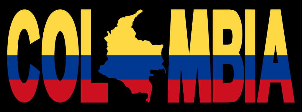 Colombia wallpaper with flag colors bold text and map silhouette vibrant Colombian pride design