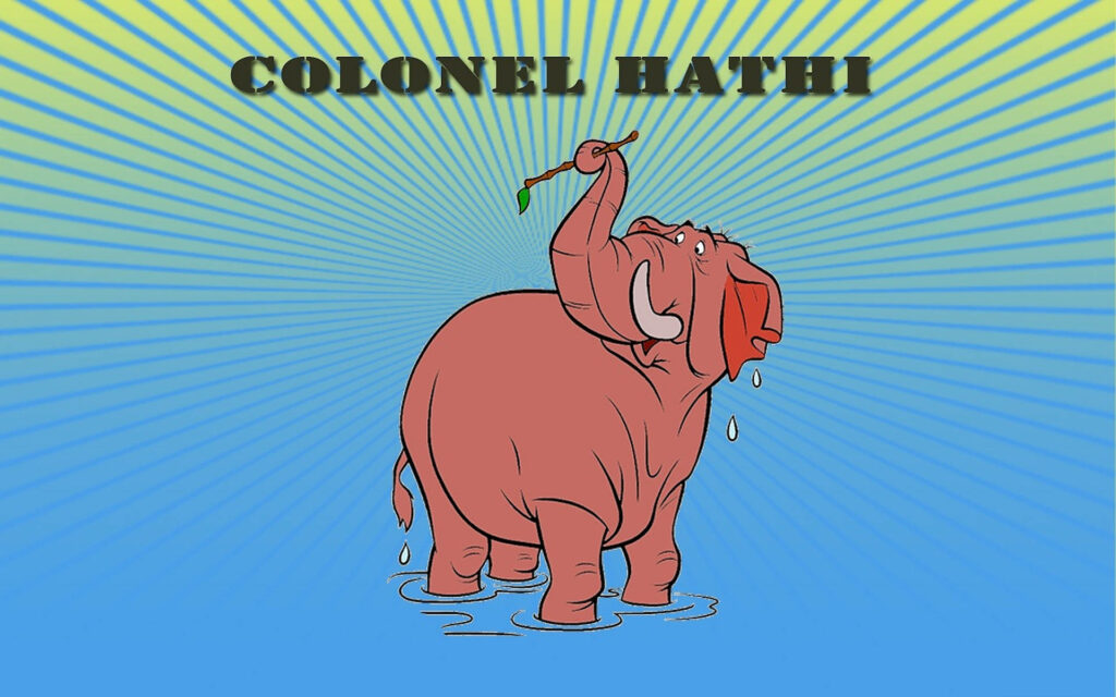 Colonel Hathi from The Jungle Book cheerfully raising trunk with water in vibrant burst background Wallpaper