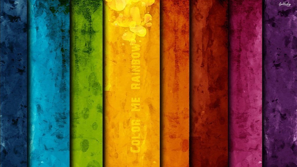Vibrant painterly rainbow stripes wallpaper with central yellow panel reading COLOR ME RAINBOW