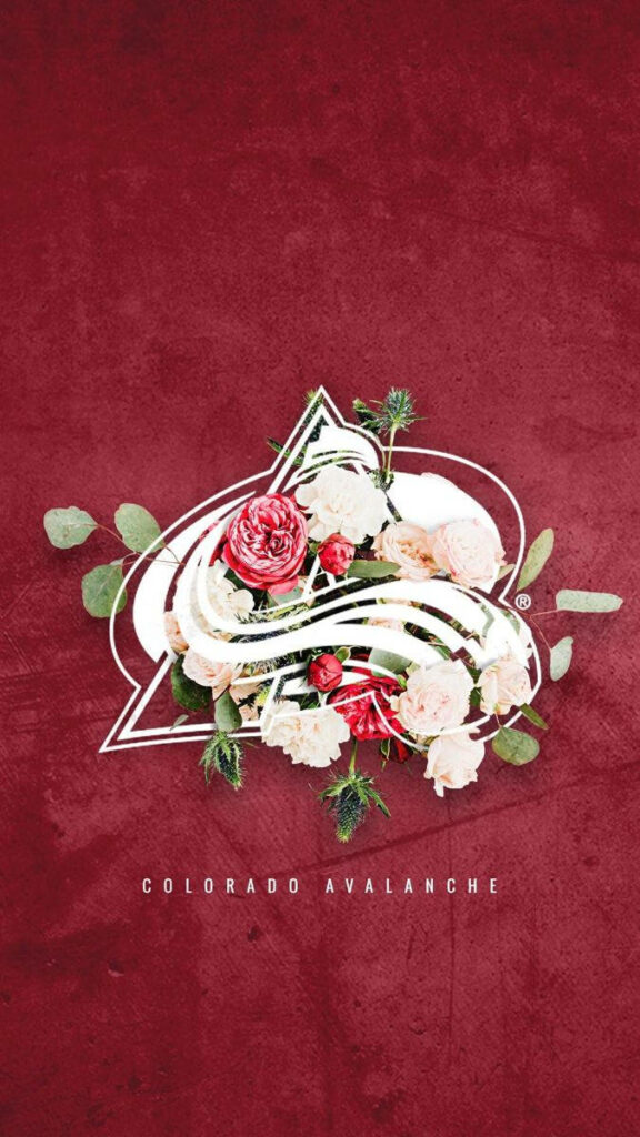 Colorado Avalanche logo filled with vibrant flowers on textured burgundy floral wallpaper background