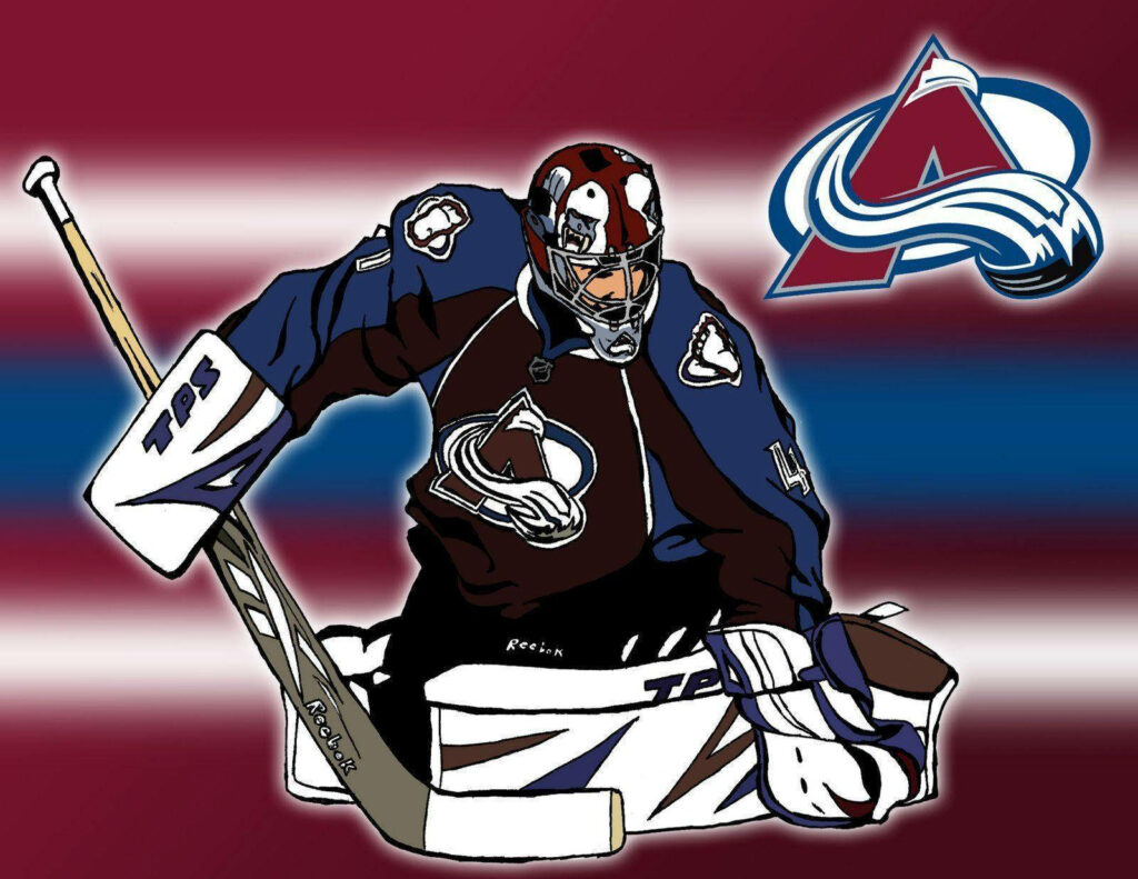 Dynamic vector art of Colorado Avalanche goalie in action with team logo maroon blue background Wallpaper