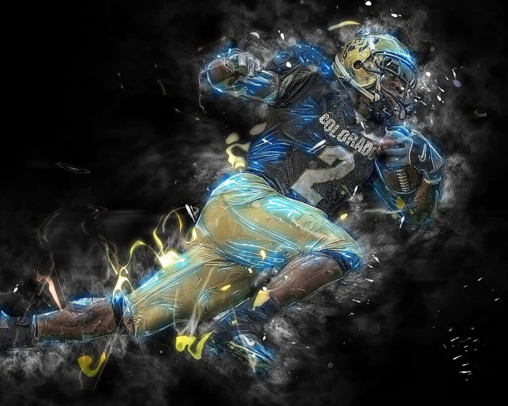 Colorado Buffaloes football player in motion vibrant blue yellow streaks dark smoky background Wallpaper