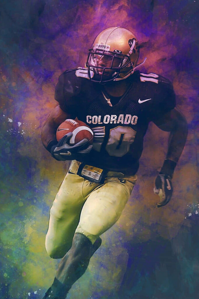 Colorado Buffaloes football player running with ball vibrant purple gold green artistic background Wallpaper