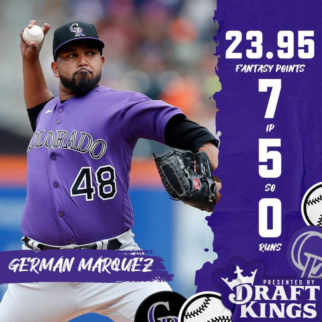 Colorado Rockies pitcher Germán Márquez in purple jersey with fantasy stats and DraftKings branding wallpaper