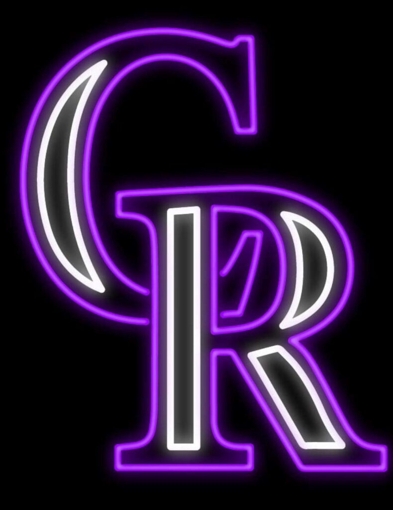 Colorado Rockies logo neon purple white outlined on black background sports wallpaper design