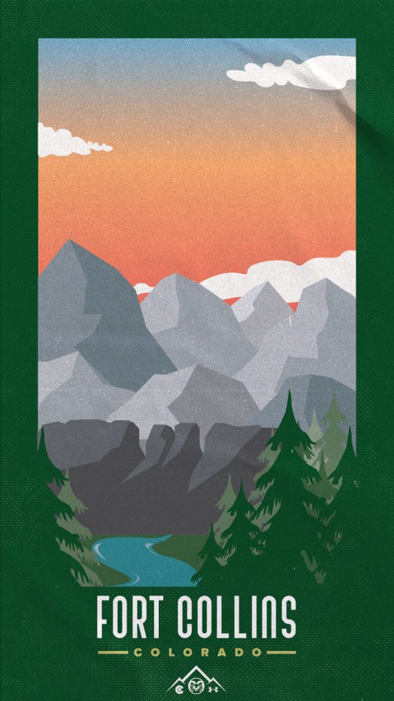 Minimalist Colorado State University wallpaper with sunset mountain river trees and CSU Rams logo