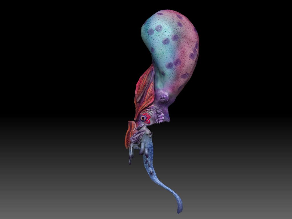 Colorful 3D CGI Gasopod from Subnautica with purple-teal head and orange fins on dark background Wallpaper