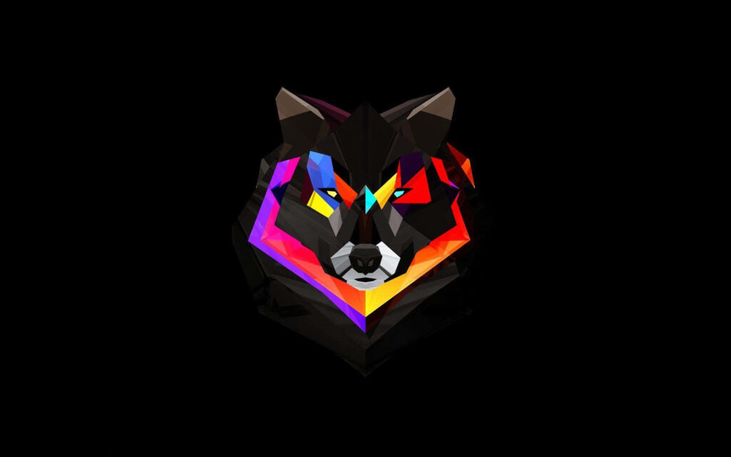 Colorful 3D Geometric Wolf Head Art on Black Background Wallpaper