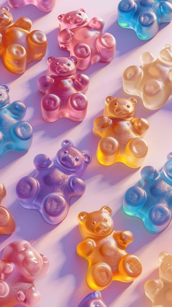 Colorful translucent gummy bears wallpaper vibrant glossy 3D digital art sweet background