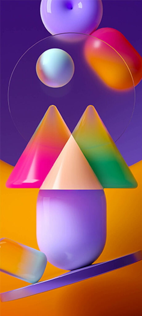 Vibrant Abstract Wallpaper: Colorful 3D Shapes on Purple-Orange Gradient