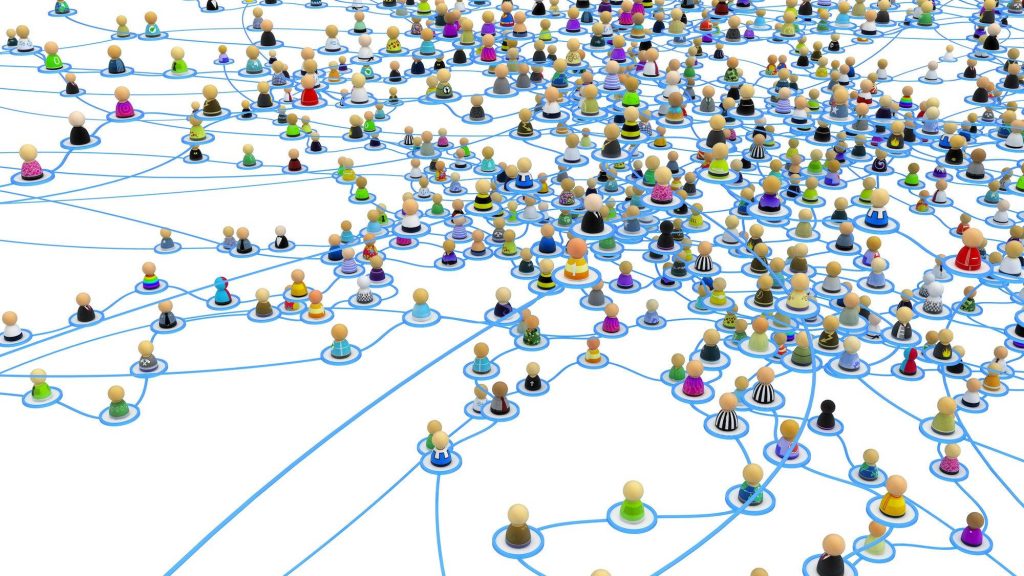 3D colorful avatars connected by blue lines on white background symbolizing social network Wallpaper