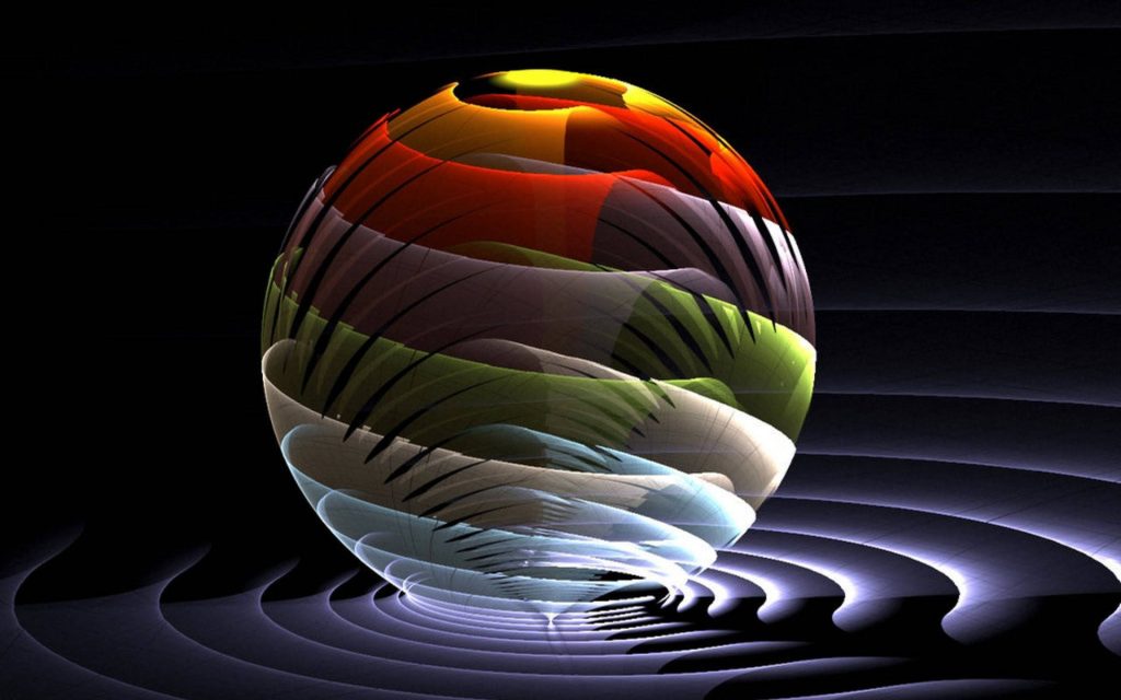 Colourful Sphere live wallpaper with abstract 3D translucent bands over dark rippled waves