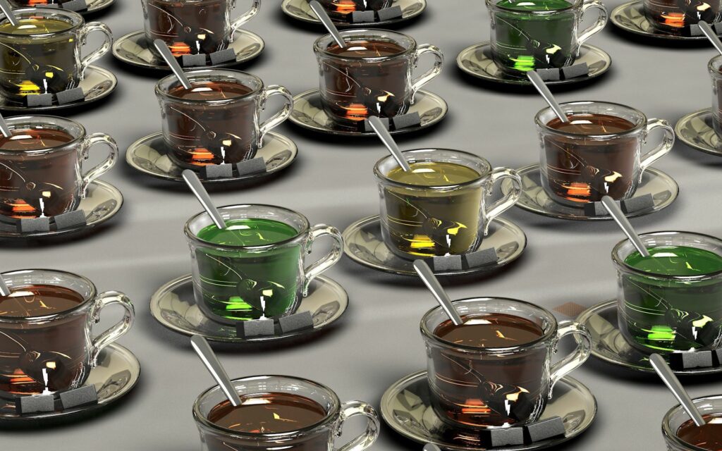 Colorful 3D Tea Cups Wallpaper: Modern, Surreal Tea Party Design