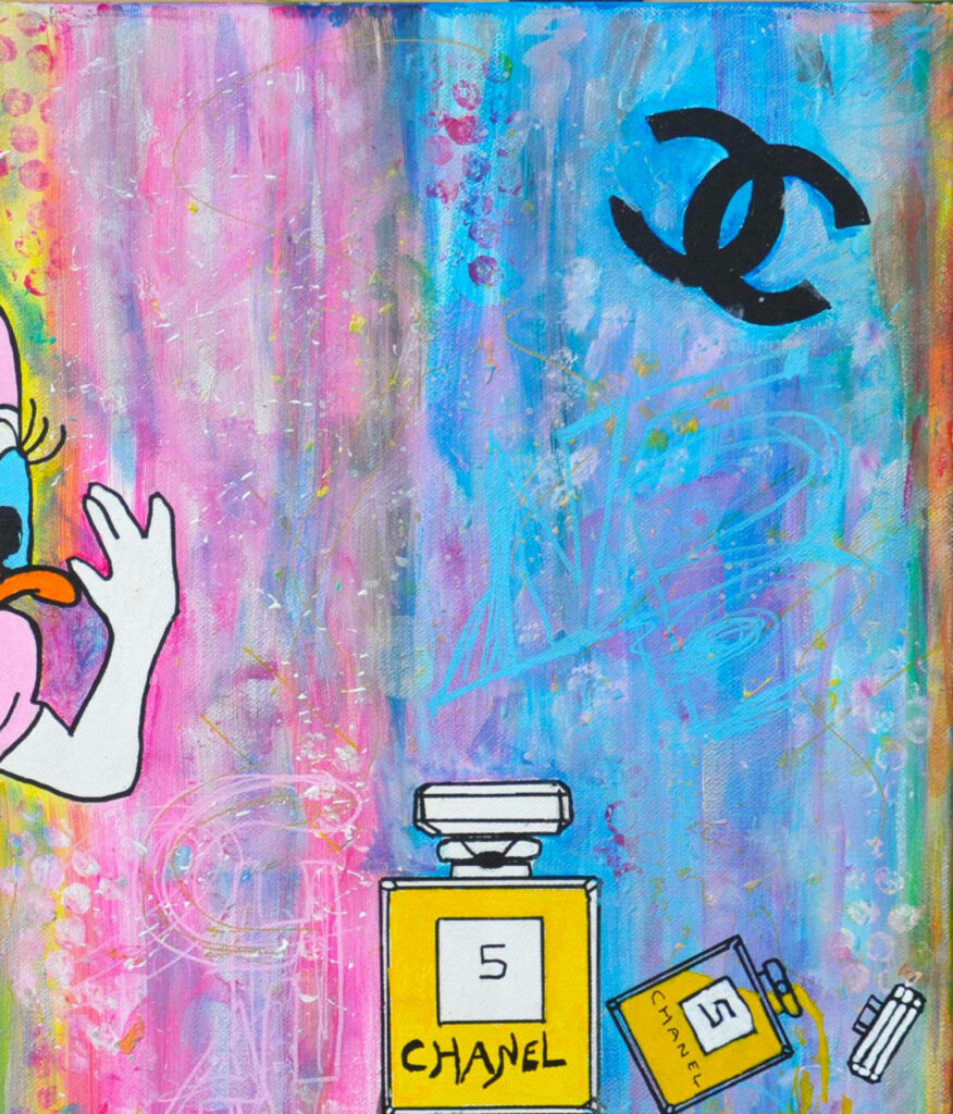 Colorful abstract wallpaper with Chanel logo and No5 perfume bottles in vibrant art style