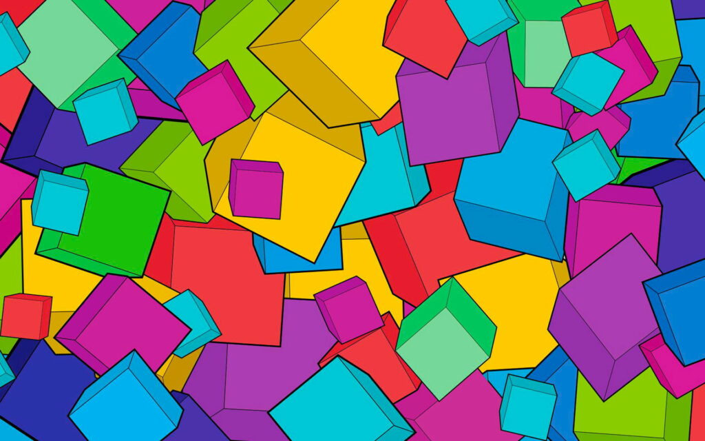 Vibrant Cubic Symphony: A lively 3D kaleidoscope of abstract cubes in vibrant hues, creating an immersive squares pattern Wallpaper