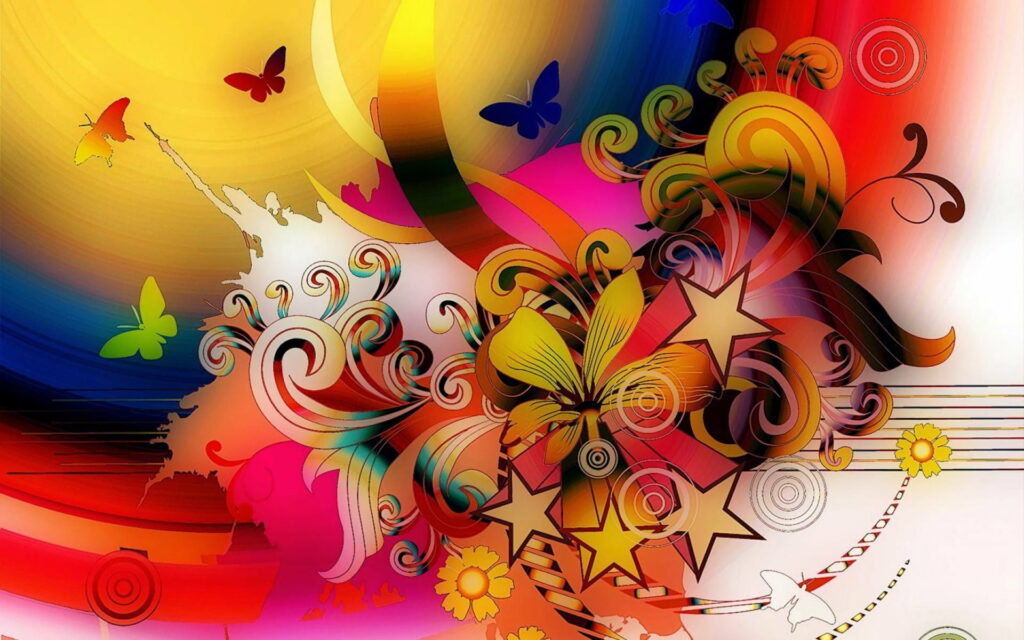 Abstract Vector Fusion: a Vibrant Kaleidoscope of Flowers, Butterflies, and Colorful Stars in a Mesmerizing HD Wallpaper Background