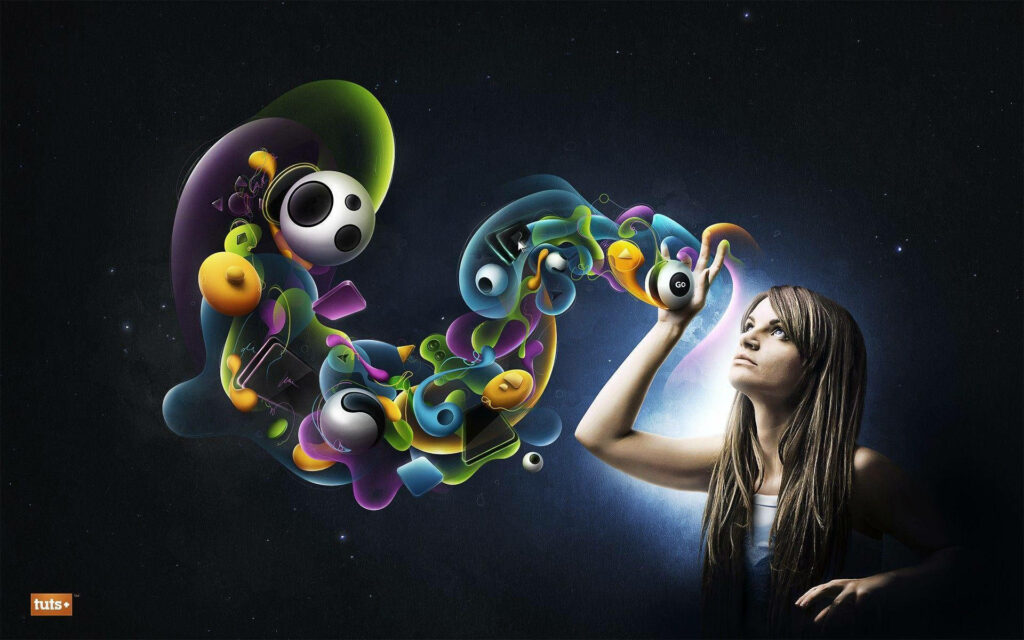 Vibrant Abstract Wallpaper: Woman & Colorful Designs on Dark Background