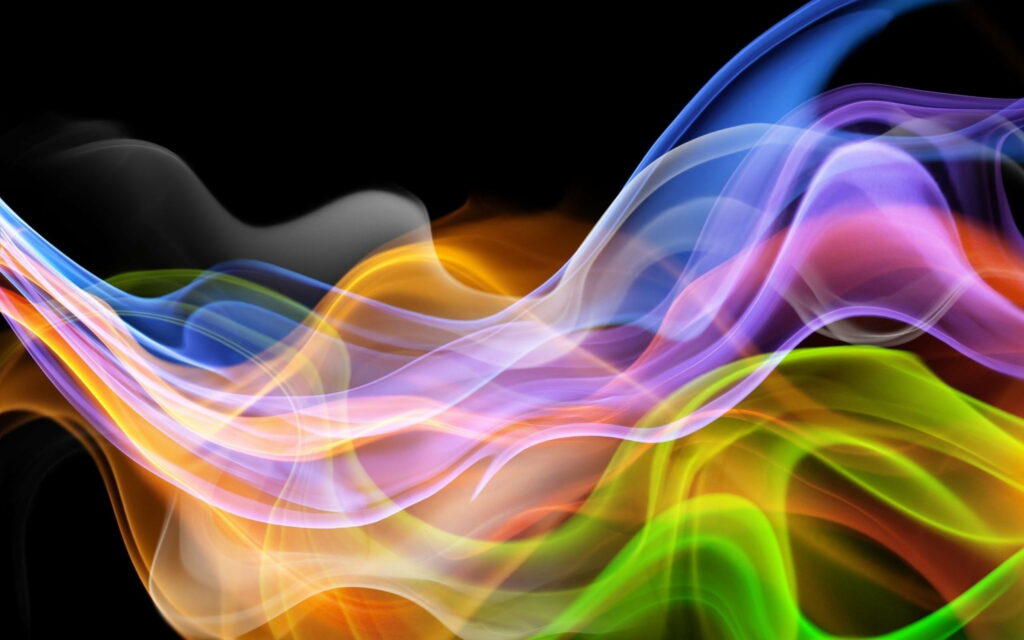 Vibrant abstract wallpaper with glowing multicolored smoke ribbons on black background digital art