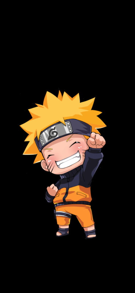 Chibi Naruto Uzumaki wallpaper vibrant orange outfit cheerful pose AMOLED friendly black background