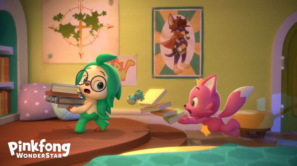 Pinkfong and Hogi, the Dynamic Detective Duo, Embark on a Bookish Adventure in Hogi's Colorful Sanctuary Wallpaper