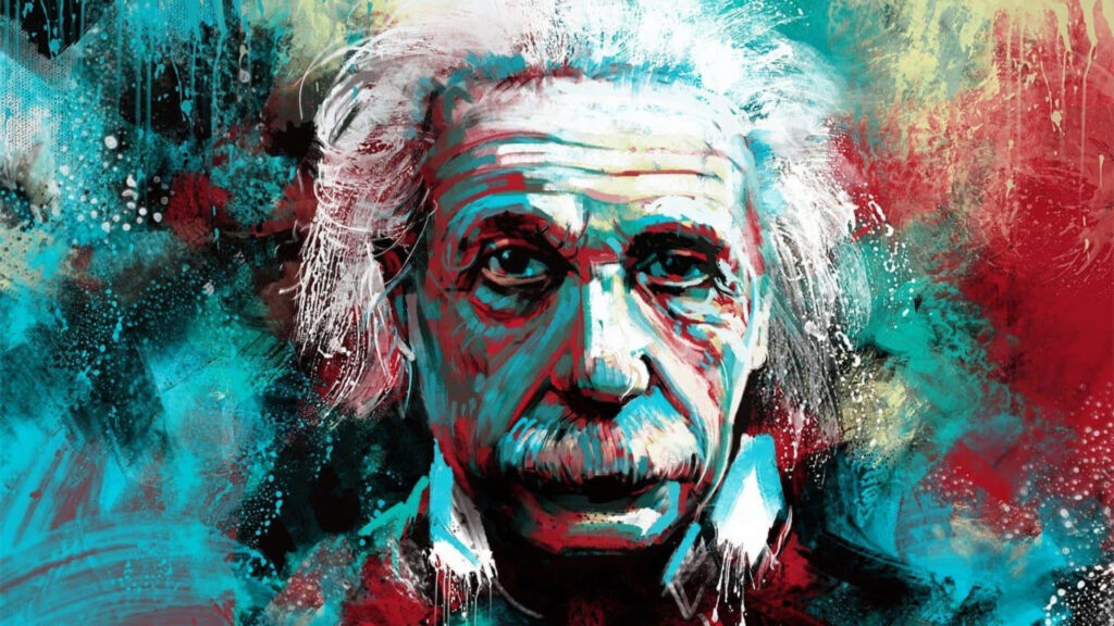 Colorful Albert Einstein portrait wallpaper with vibrant blue red and yellow artistic splashes