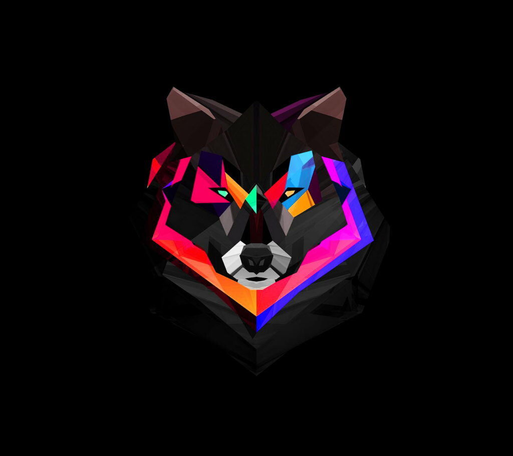 Vibrant low-poly wolf head digital art neon colors on black background wildlife wallpaper