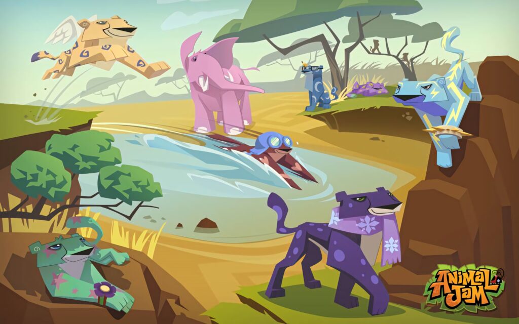 Colorful Animal Jam wallpaper with playful safari animals exploring vibrant savanna landscape