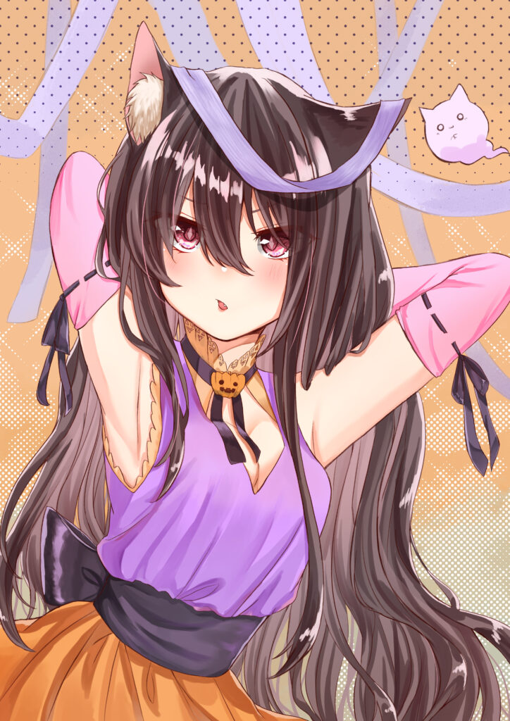 Playful Anime Girl Wallpaper: Colorful Cat Ears & Cute Polka Dots