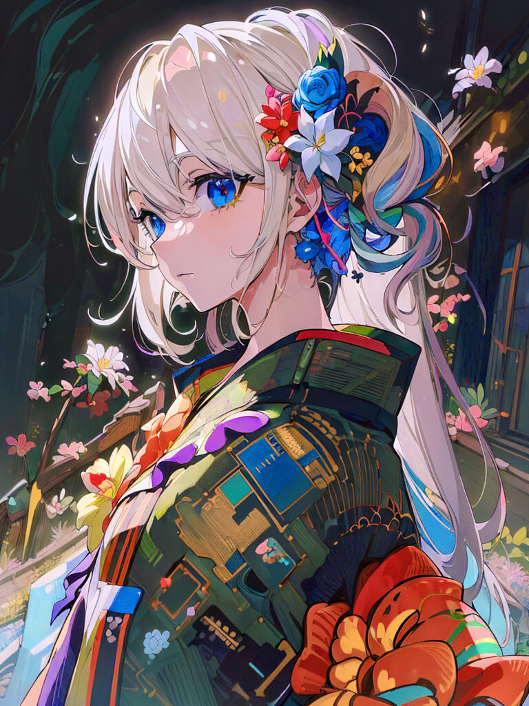 Vibrant Anime Girl in Colorful Kimono - Captivating Wallpaper