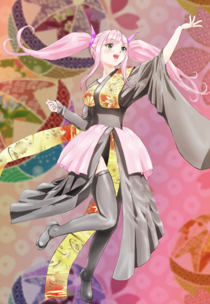 Anime Girl in Colorful Kimono | Vibrant Background Art Wallpaper