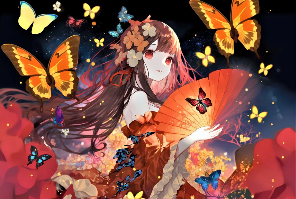 Whimsical Anime Wallpaper: Girl, Butterflies & Vivid Colors