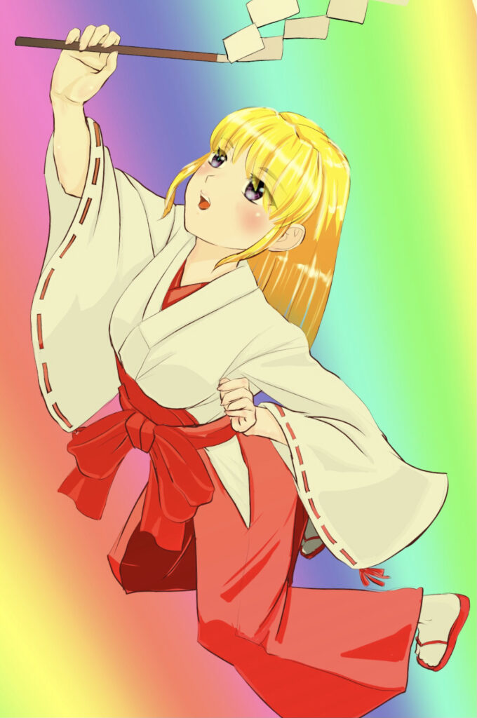 Vibrant Anime Wallpaper: Girl in Red & White Kimono on Rainbow Background