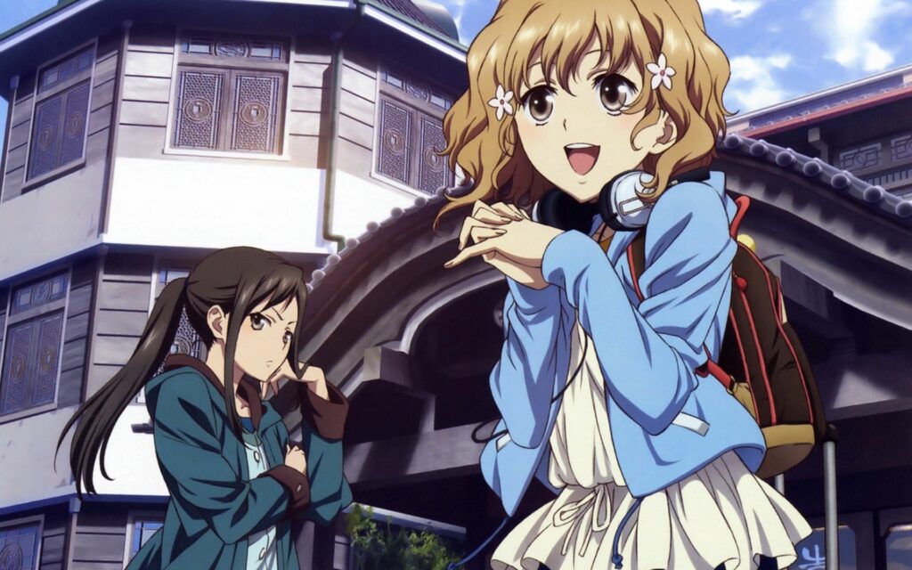 Colorful Anime Wallpaper: Two Girls on a Sunlit Street