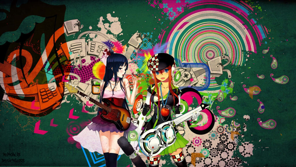 Vibrant Vector Vixen: An Anime-inspired Illustration Bursting with Colorful Doodles & Objects Wallpaper
