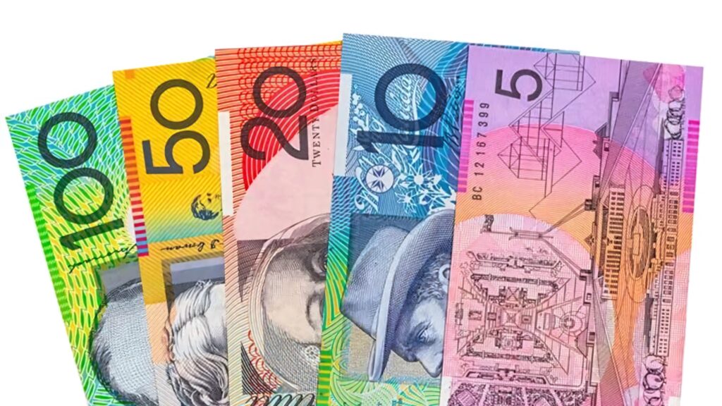 Colorful Australian Dollar banknotes fanned out showcasing modern currency design wallpaper