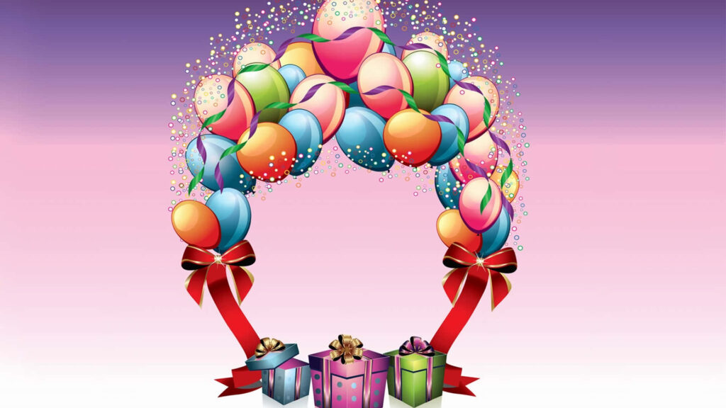 Festive Balloon Arch with Gifts on Pink & Purple Gradient Background Wallpaper