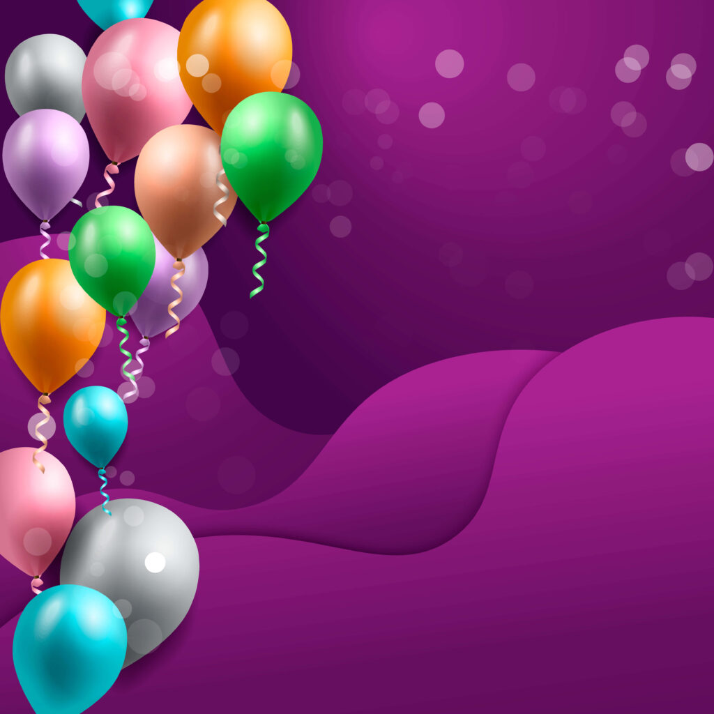 Colorful balloons floating on a dreamy purple background festive cheerful wallpaper design